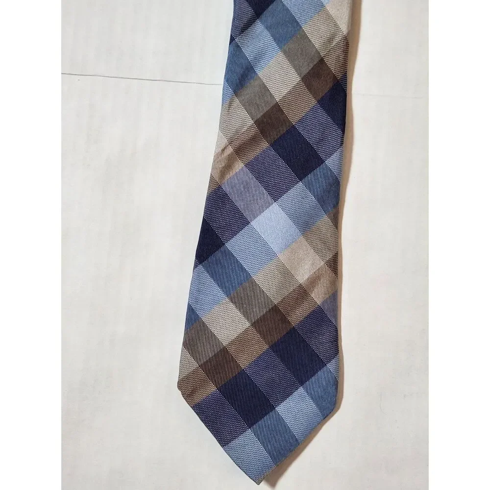 Van Heusen 100% Silk Tie Blue Gray Plaid Classic Necktie Men’s Formal Wear